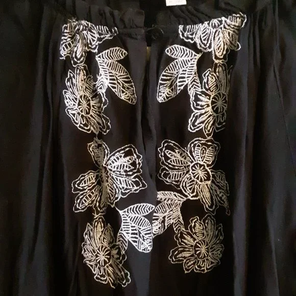 Loft White Embroidered Floral Split Neck Black Dress(as is -no belt) - Picture 5 of 14